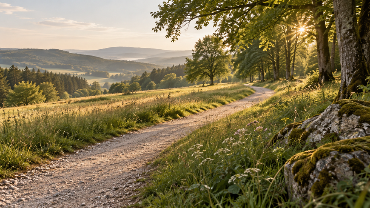 Ein heller Weg durch eine ruhige Landschaft