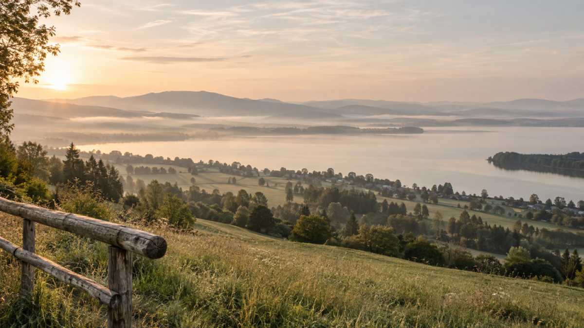Weiter Blick über einen See und sanfte Hügel