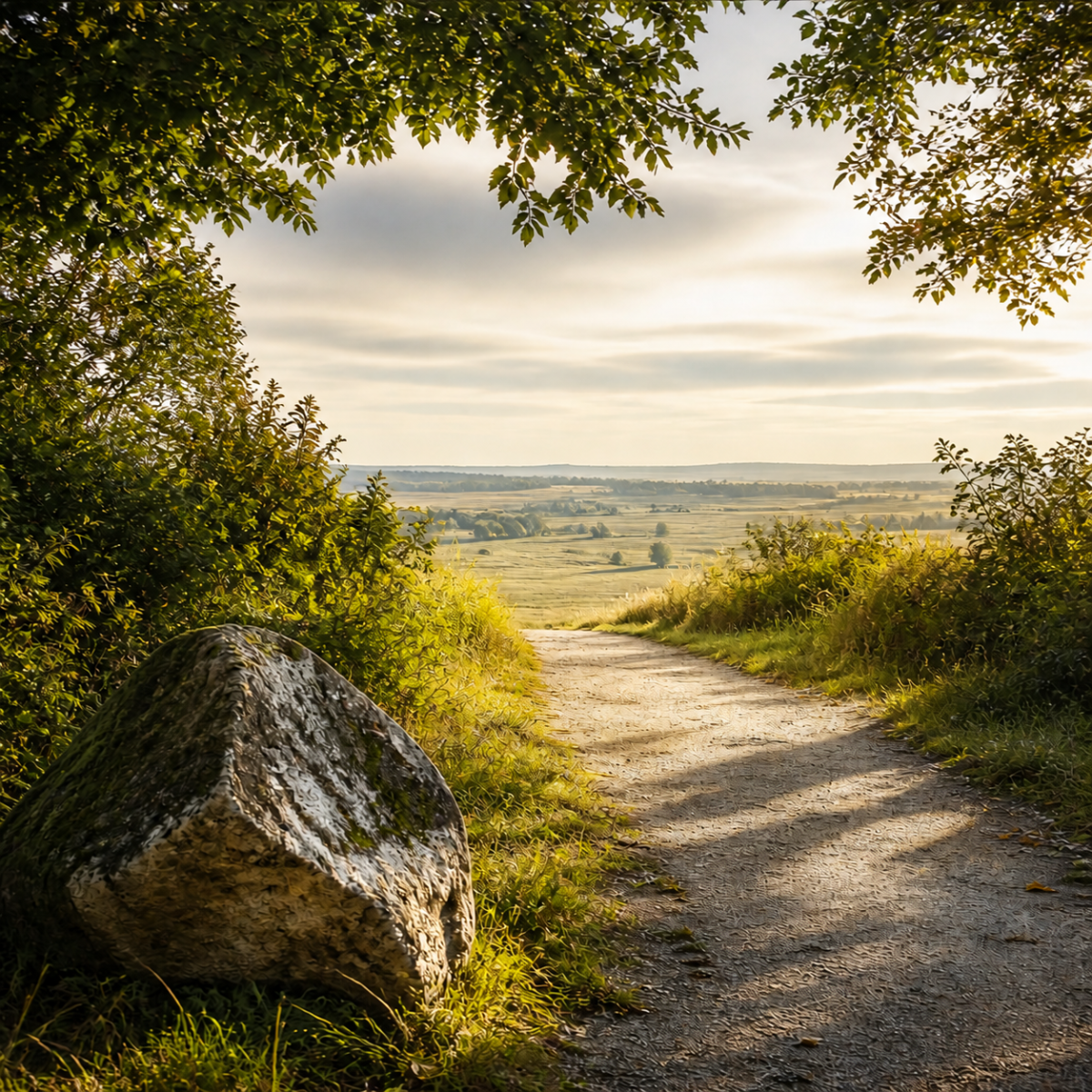 Weg öffnet sich in eine weite Landschaft mit Naturstein